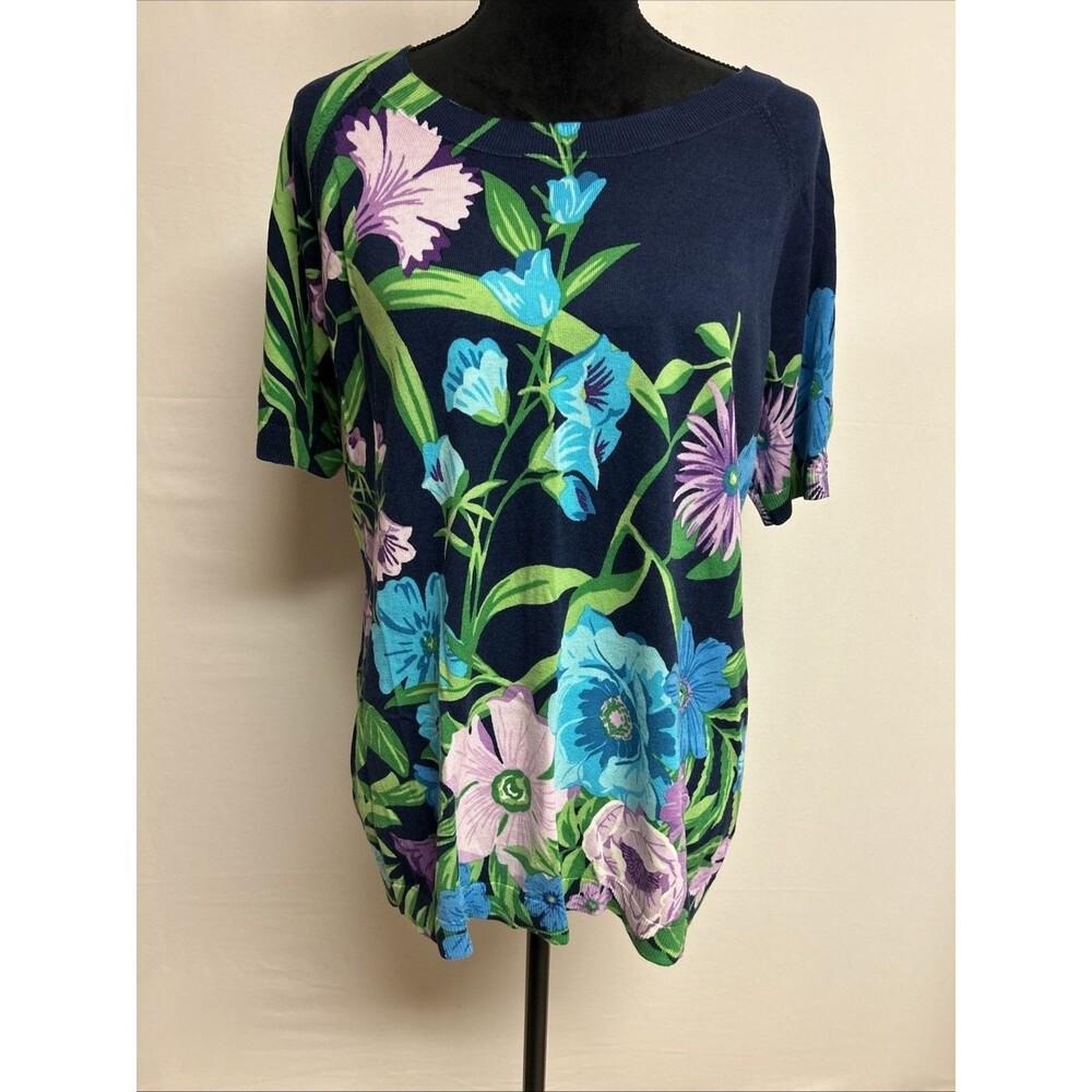 Talbots Womens Plus X  Blue Floral Print Top Short Sleeve Boat Neck Tropical NWT